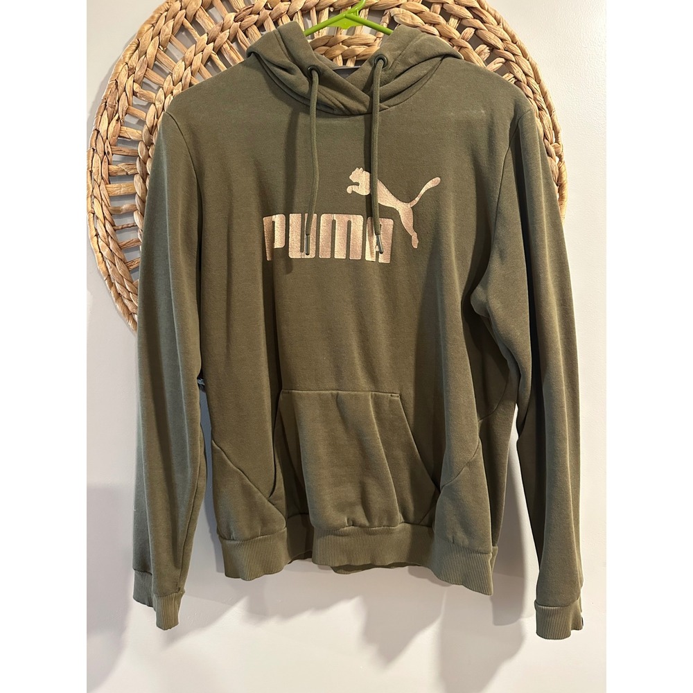 Puma Womens Essentials Logo Hoodie Olive Green Rose Gold Foil Pullover Large L
